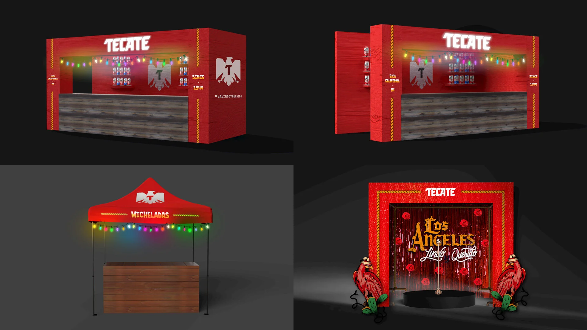 Cuatro diseños de puestos de feria promocionales de Tecate, uno con decoración de luces y canastas, otro con decoración de rosas y letras, y otros con logotipos y símbolos de la marca.