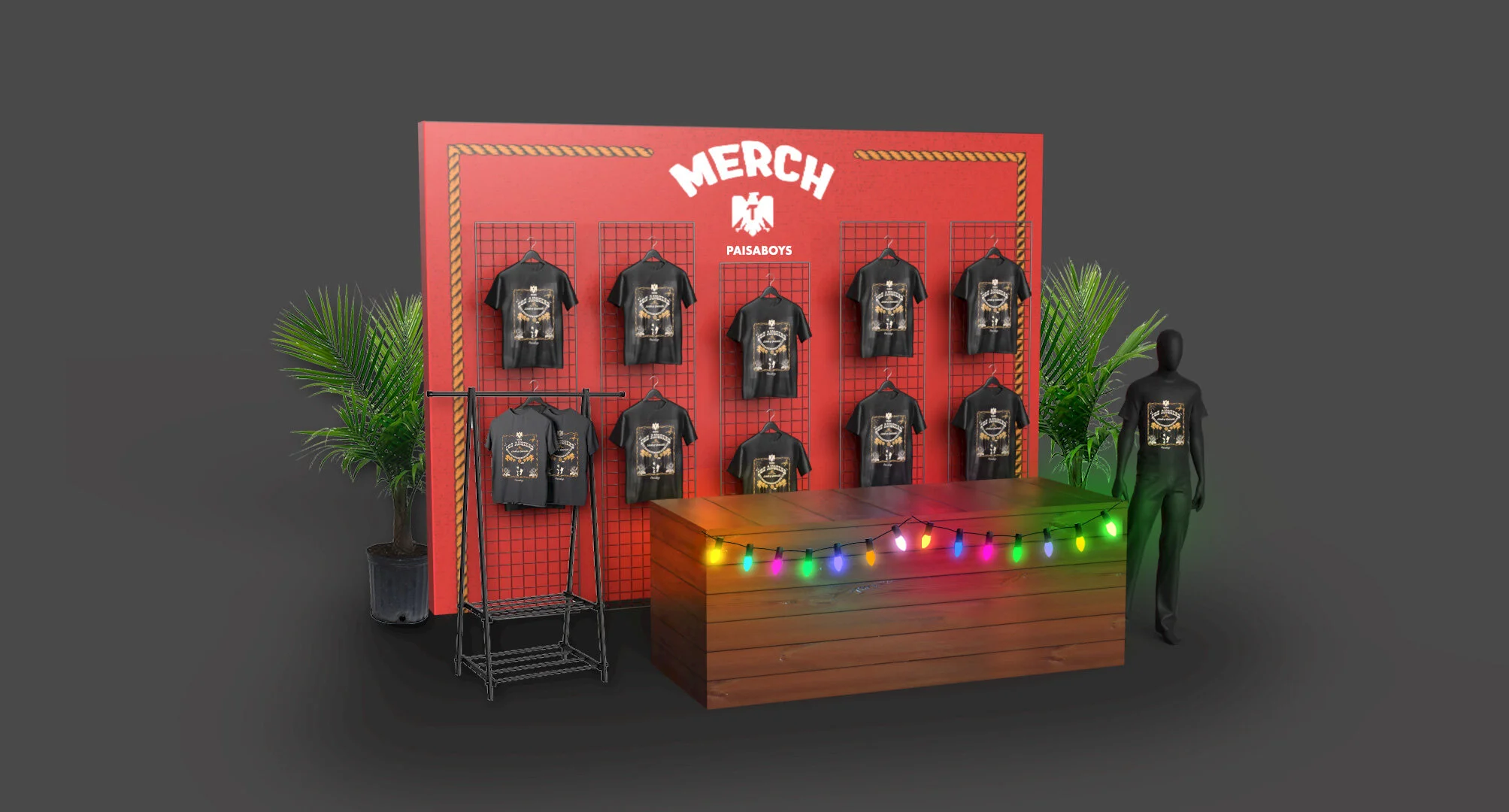 Stand de mercancía con camisetas negras con diseño impreso y luces de colores colgadas.