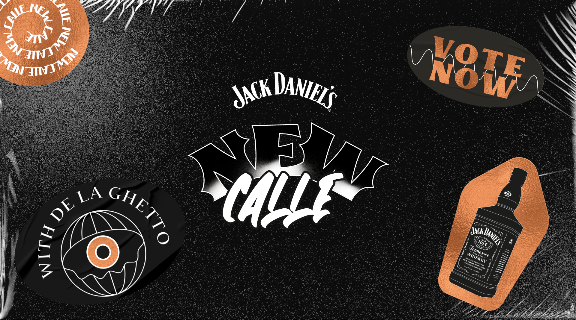 Diseño gráfico con logotipo de Jack Daniel's, elementos de promoción del bar New Way y la tienda de galletas con la frase 'With De La Galletto', además de una botella de whisky Jack Daniel's en un fondo negro con textura y detalles en color negro y naranja.