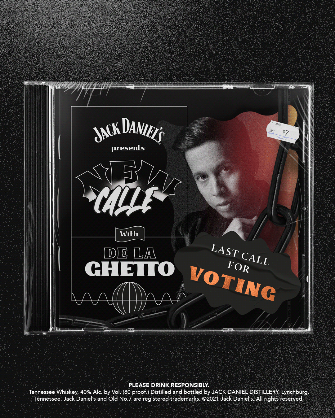 Una caja con una imagen de una mujer y el texto 'Jack Daniel's presenta Fiesta Calle 4 con de la Ghetto'. También hay una etiqueta de precio $7 y una advertencia para votar en la parte inferior.
