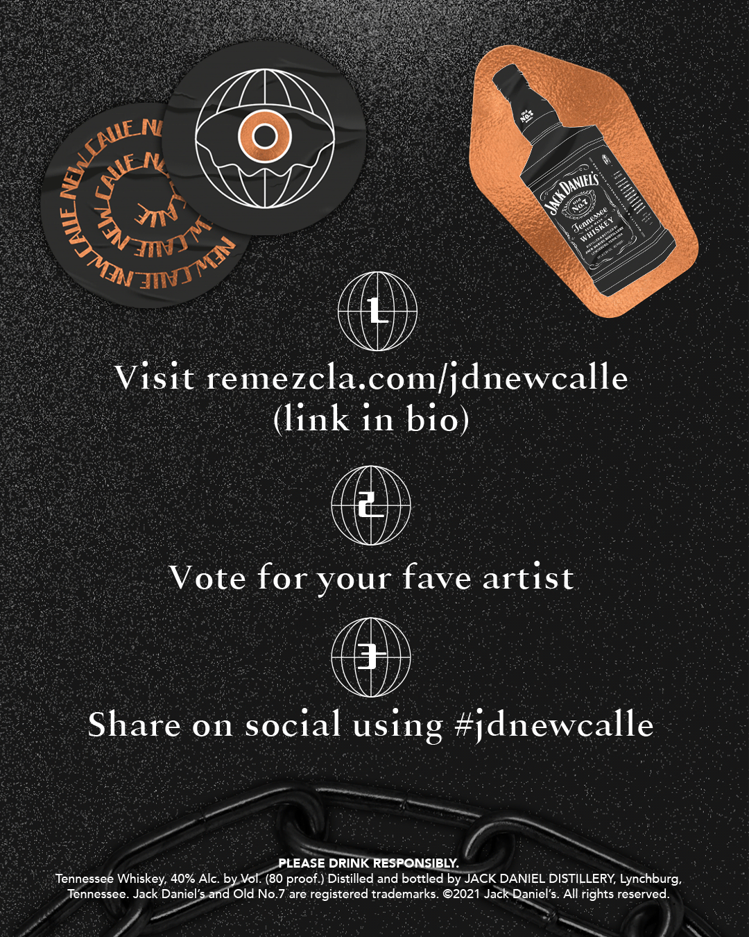 Una imagen con instrucciones y enlaces para votar por un artista y compartir en redes sociales, con una botella de whisky Jack Daniel's y fichas rojas y negras.