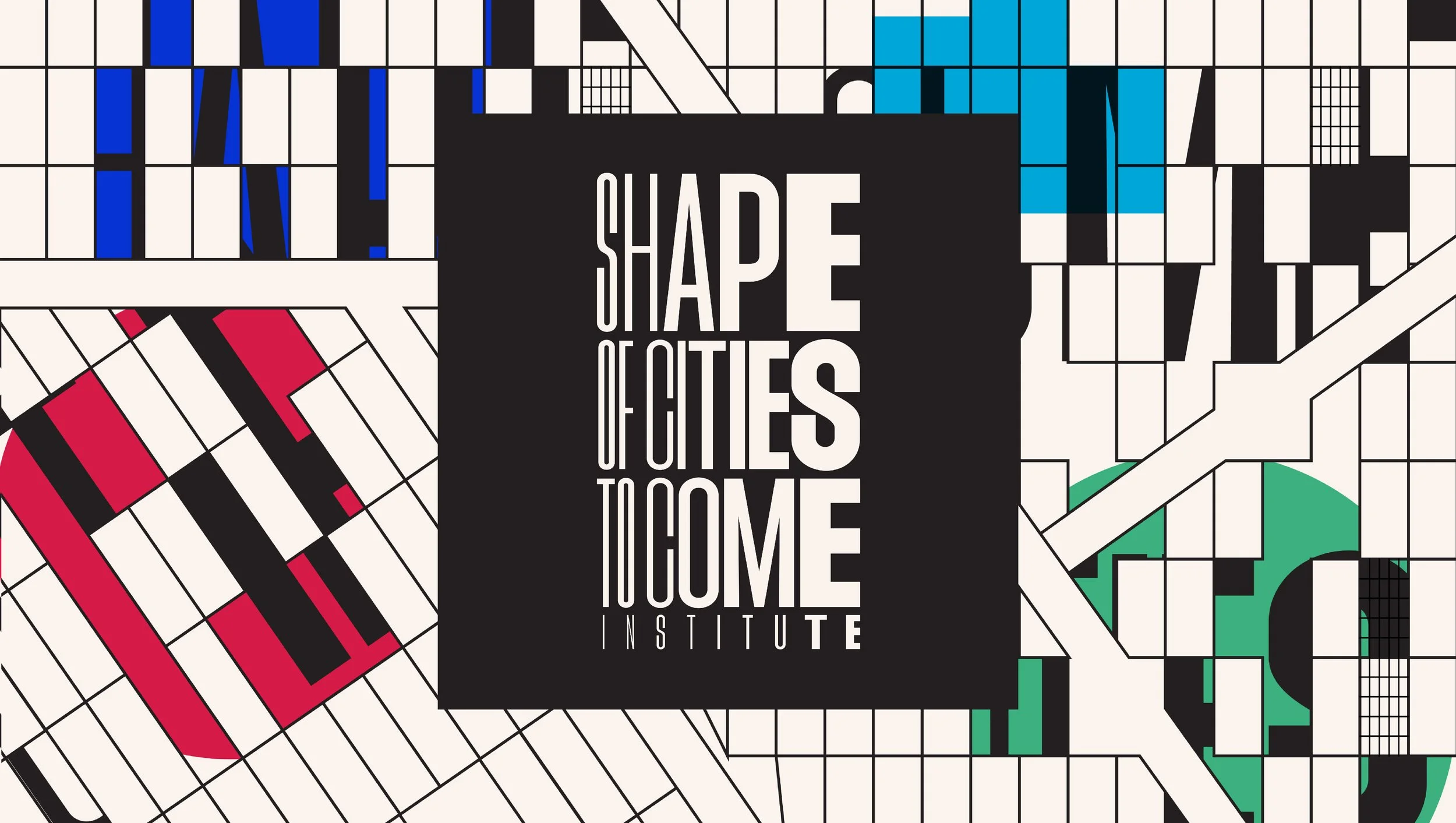 Mapa abstracto con formas geométricas en colores rojo, azul, verde, negro y blanco, con un rectángulo negro en el centro que contiene texto en inglés 'SHAPE OF CITIES TO COME INSTITUTE'.