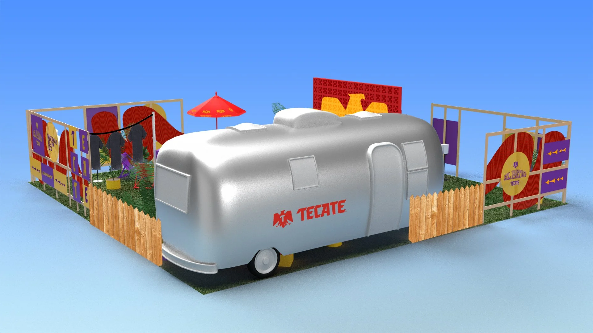 Campa con autocaravana decorada con elementos de Tecate, con áreas de exhibición de productos y decoración temática mexicana.