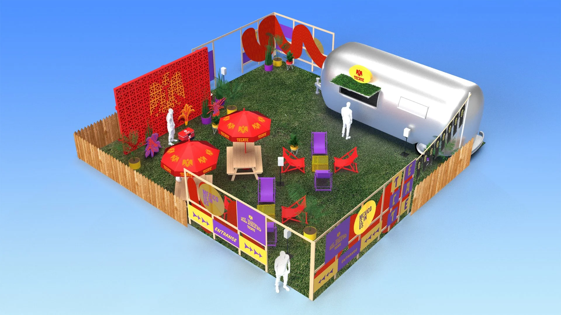 Diseño de una zona de diversión exterior con decoración mexicana, incluyendo sombrillas rojas con logo de Tecate, un camión de comida, sillas y mesas moradas y rojas, áreas verdes, plantas, y anuncios con frases como "México es" y "La experiencia Tec