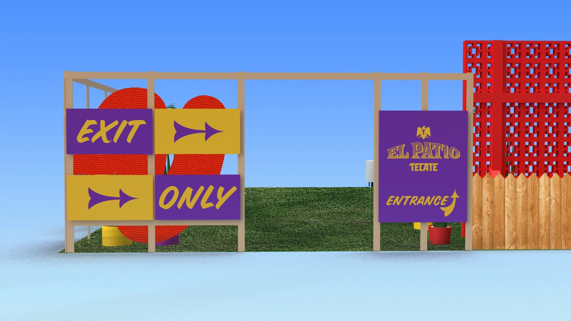 Cartel con señalización en español e inglés indicando salida solo y entrada en el establecimiento El Patio Tecate, con decoraciones coloridas y plantas en el entorno.