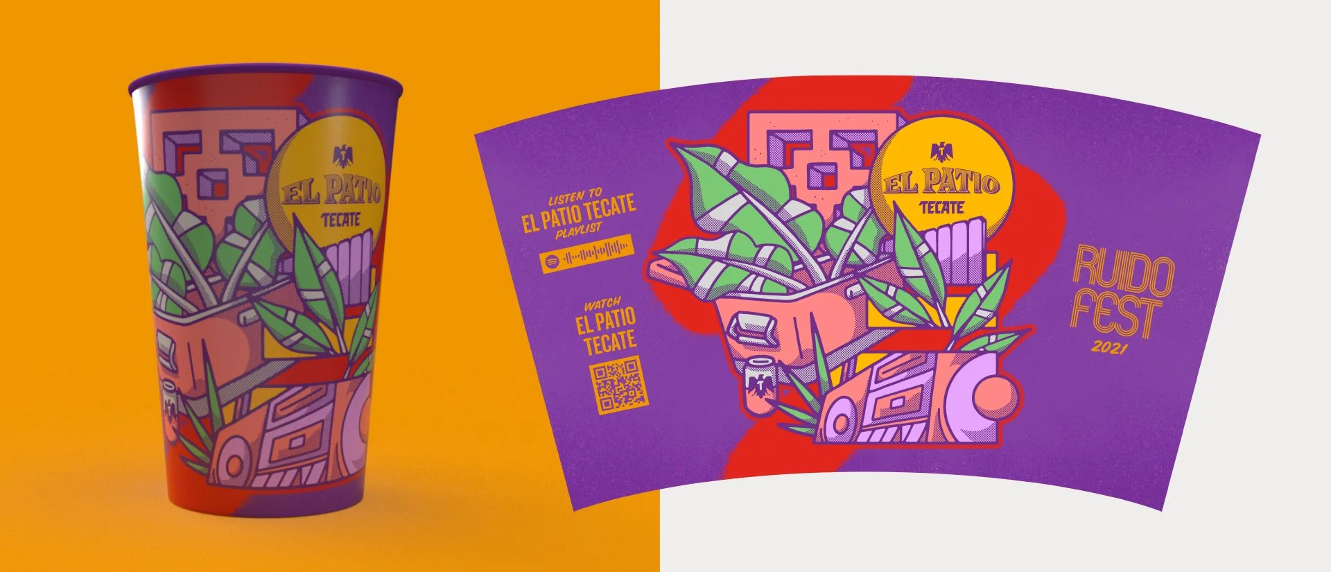 Un vaso de papel y un cartel promocional con ilustraciones de un plato con comida y texto en colores vibrantes que anuncian el evento RUIDO FEST 2021, asociado a El Patio Tecate.