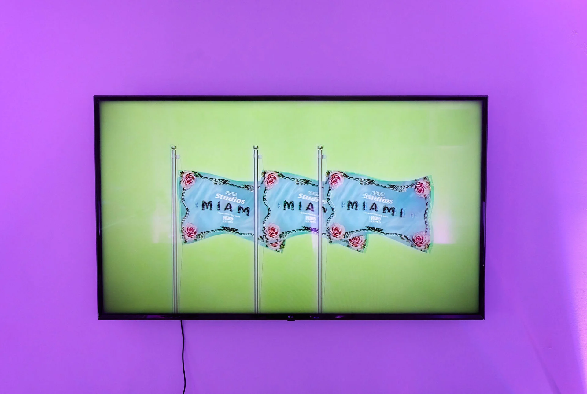 Pantalla con una imagen de tres banderas con fondo azul y rosas en los bordes que dice "Studios MIA MI" con fondo color verde.