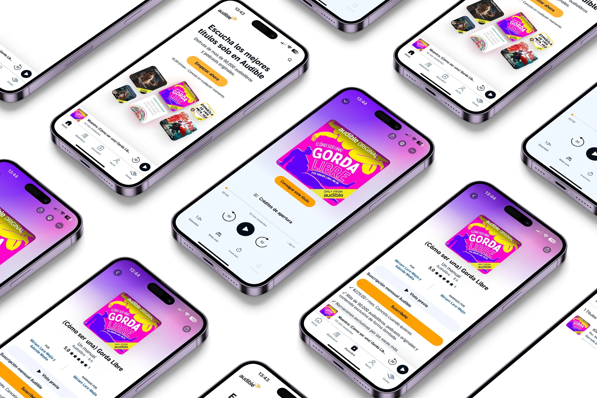 Varias pantallas de teléfonos inteligentes mostrando la aplicación de Audible con un libro titulado '¿Cómo ser una gorda libre' en la pantalla principal, en color morado y rosa vibrante.