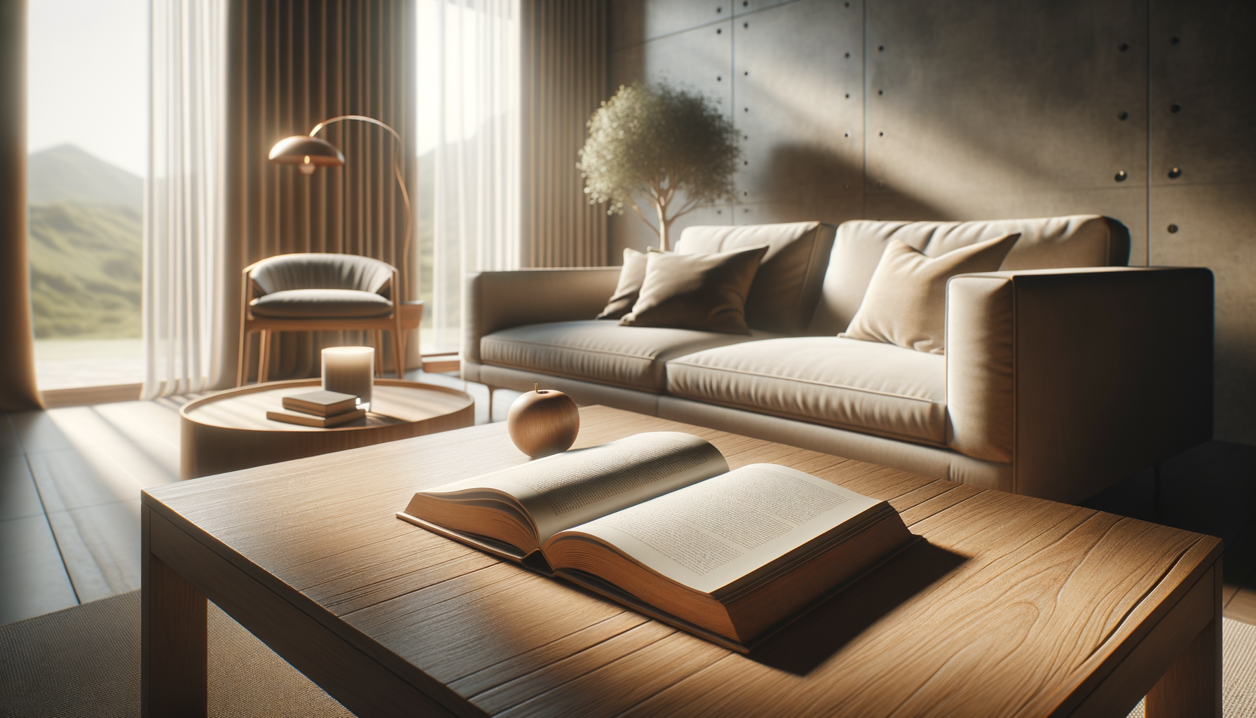 Living room with large window, beige sofa with multiple pillows, wooden coffee table with open book, small round table with candle and books, armchair near window, floor lamp, decorative plants, sunny landscape visible through window.