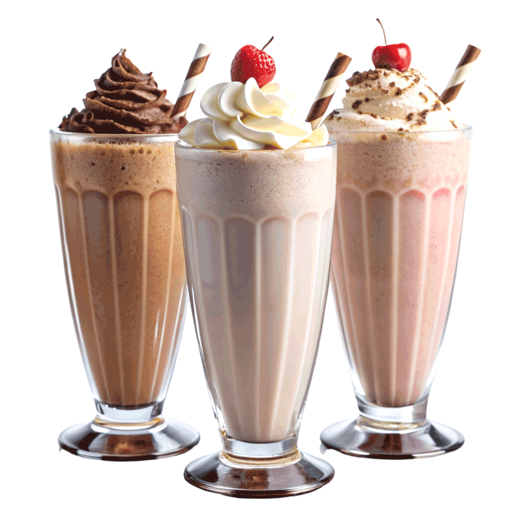 Trois verres de milkshakes garnis de crème, chocolats, fraises et cerise, avec des pailles en strié.