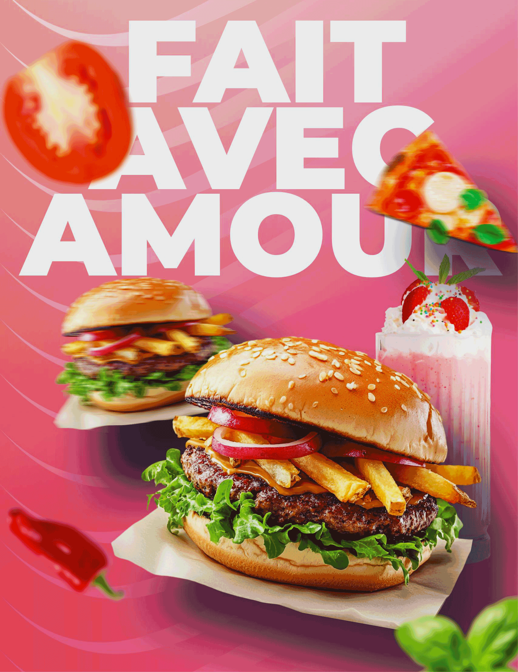 Une affiche colorée avec le texte 'Fait avec amour' et plusieurs aliments comme un hamburger, une pizza, un milkshake à la fraise, une cheeseburger, et divers légumes et sauces en décor.