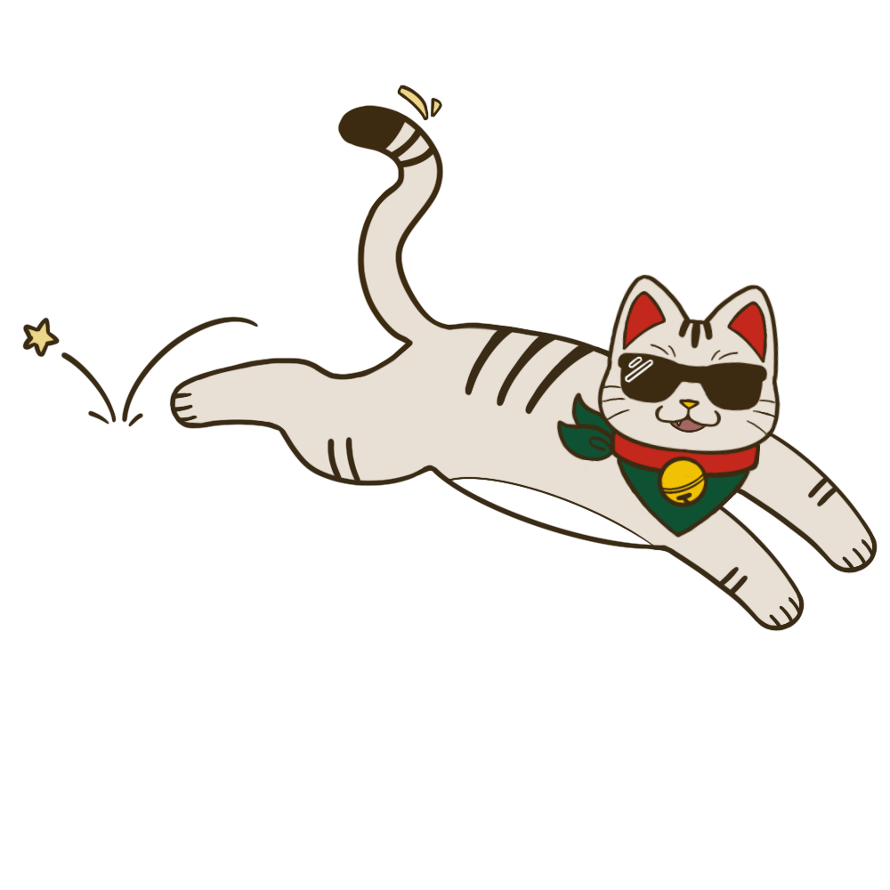 A cartoon white cat with black stripes and sunglasses, lying down on a green hill with a star on a stick and a rainbow in the background, wearing a bandana with a gold bell.