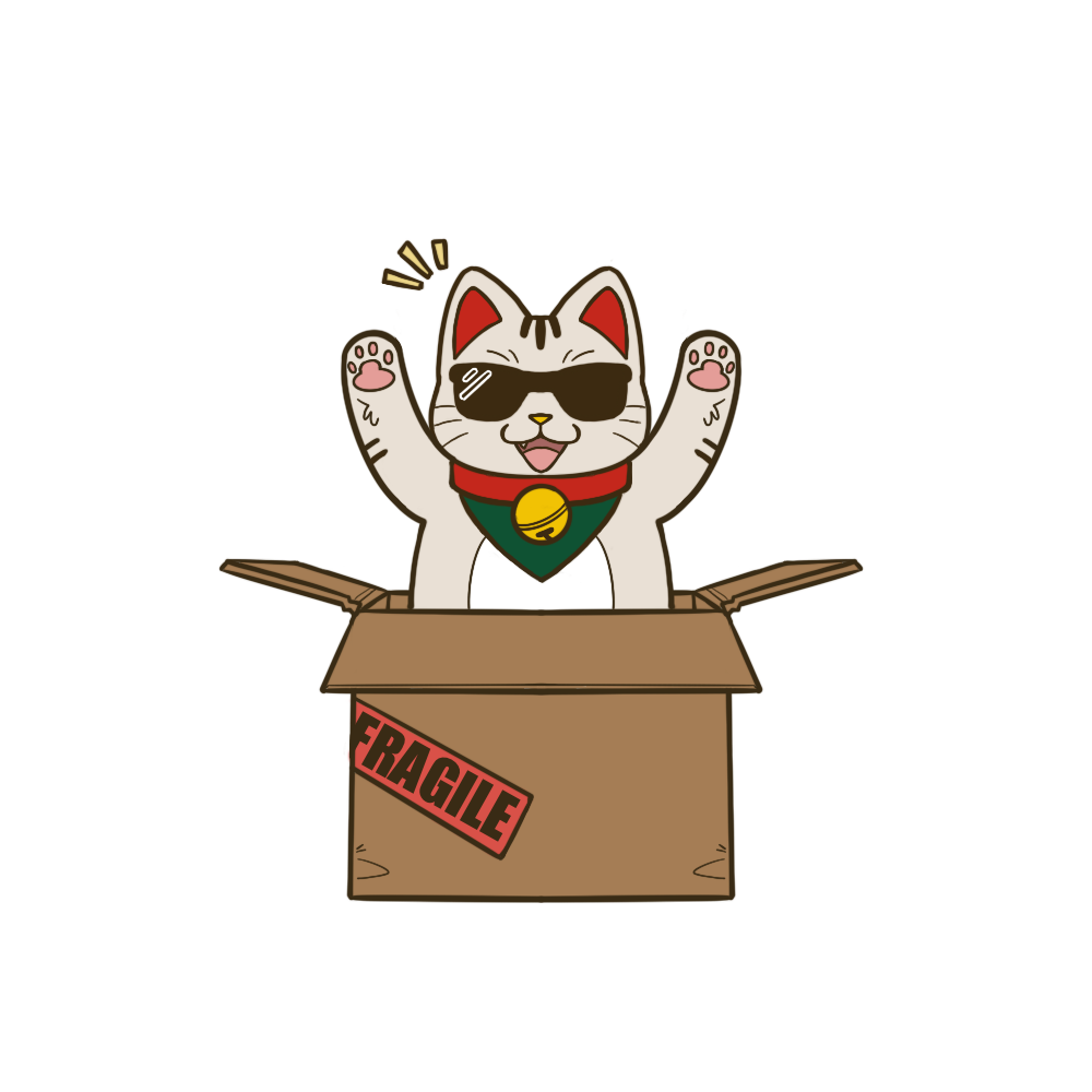 A cartoon cat wearing sunglasses with a red and green bandana around its neck, waving inside a cardboard box marked with a 'Fragile' sticker.