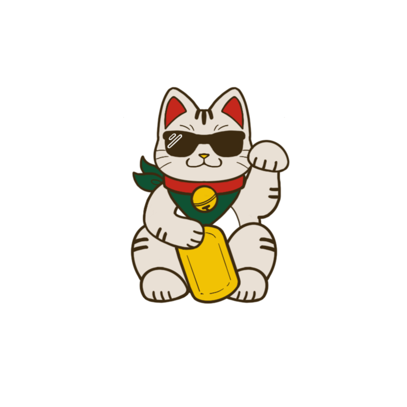 Cartoon maneki-neko (lucky cat) wearing sunglasses, holding a gold bar, with a green scarf and a bell around its neck.