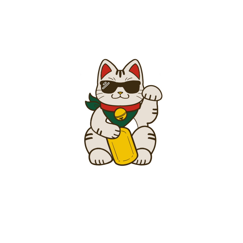 Cartoon maneki-neko cat wearing sunglasses, bandana, and holding a beer mug.