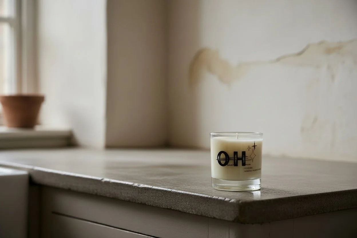 A lit white candle in a glass holder with black and gold text and designs, sitting on a windowsill in a room with natural light.