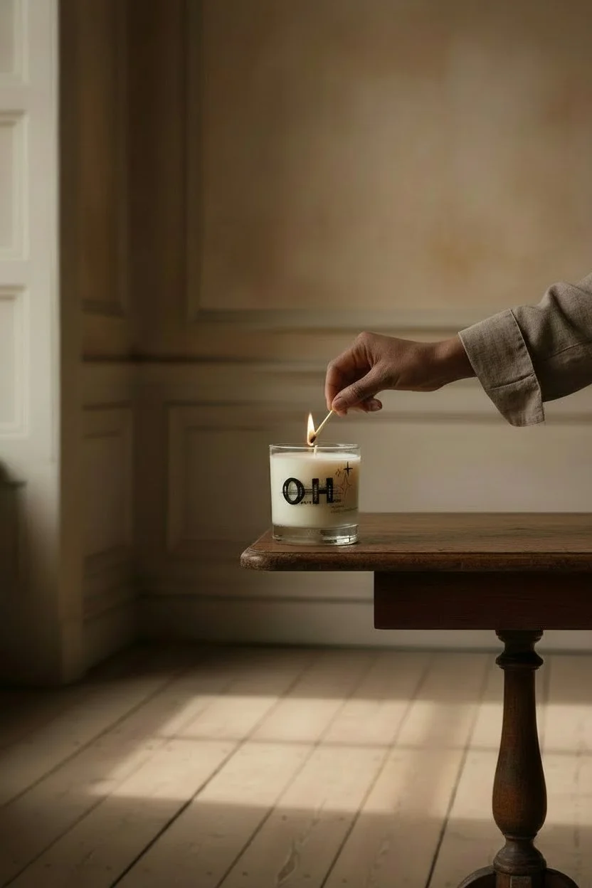 A hand wearing a beige long-sleeve shirt is lighting a candle with the letters 'OH' on the front, sitting on a wooden table in a softly lit room.
