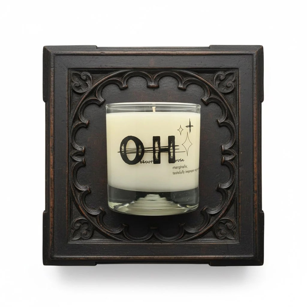 A white candle in a glass holder with black and gold text and designs, placed inside a dark wooden decorative frame.