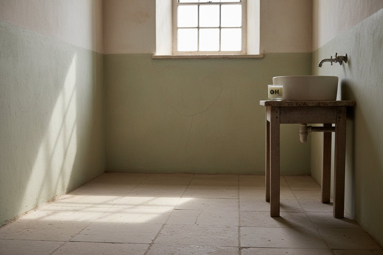 An empty room with a small window, a sink on a wooden stand, and light entering through the window.