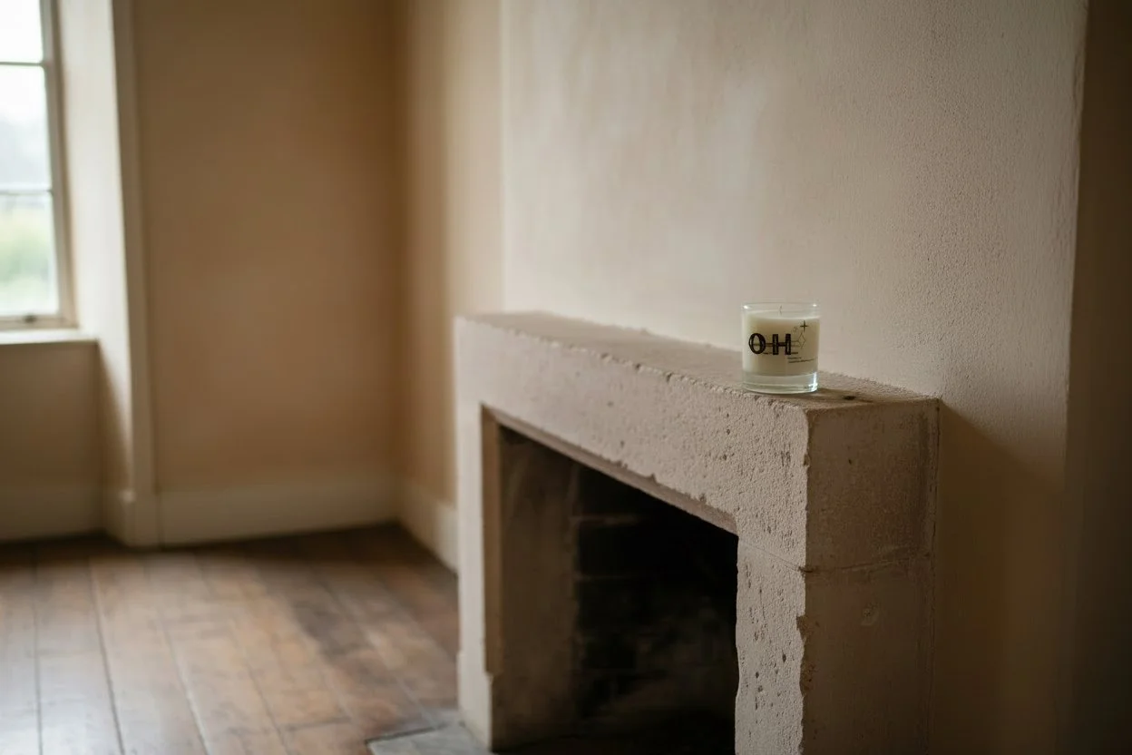 A small white candle with the word 'HO' written on it, placed on a white brick fireplace mantel in a room with wooden floor and a window on the left side.