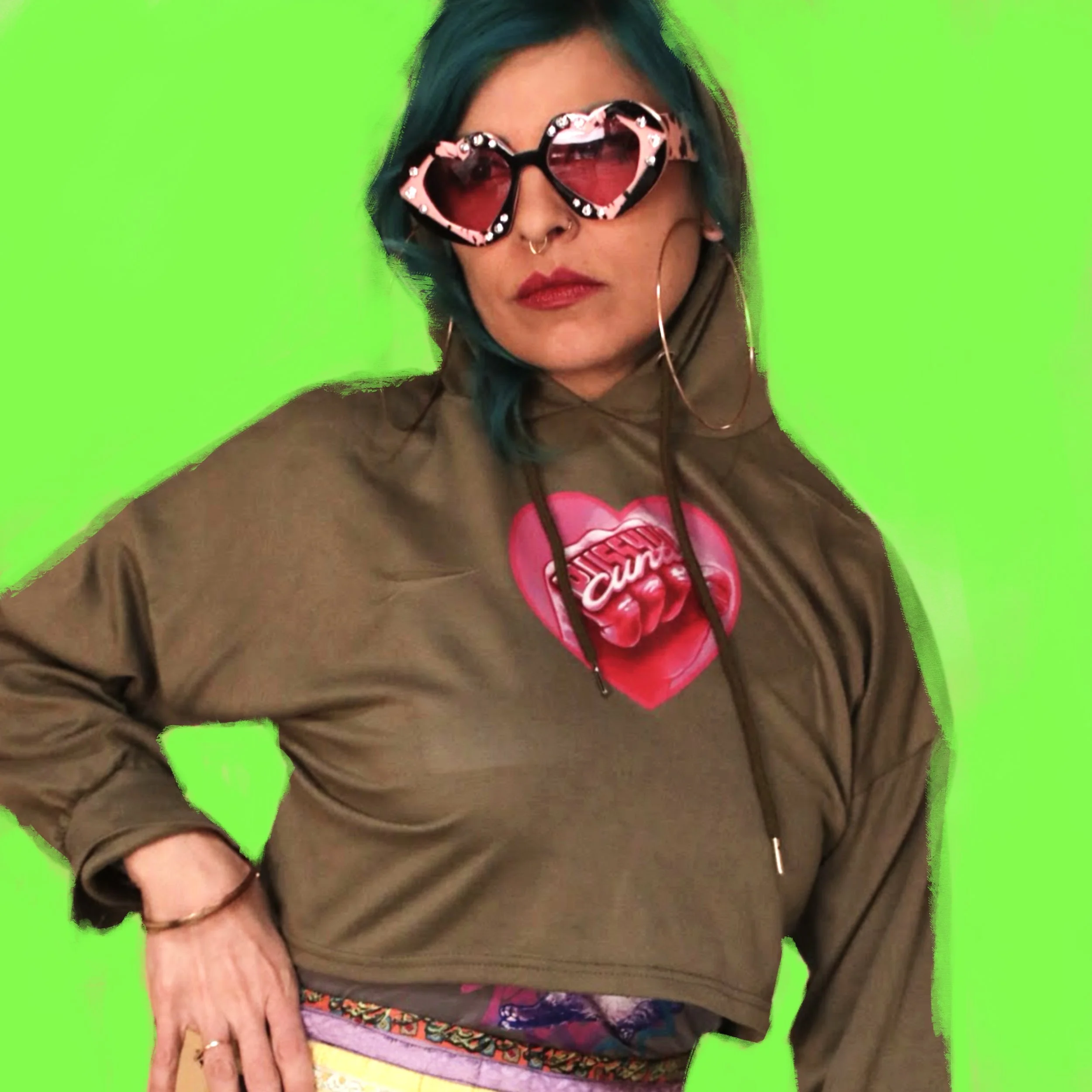 RECLAIMED “PUSSY UP” HEART OLIVE HOODIE
