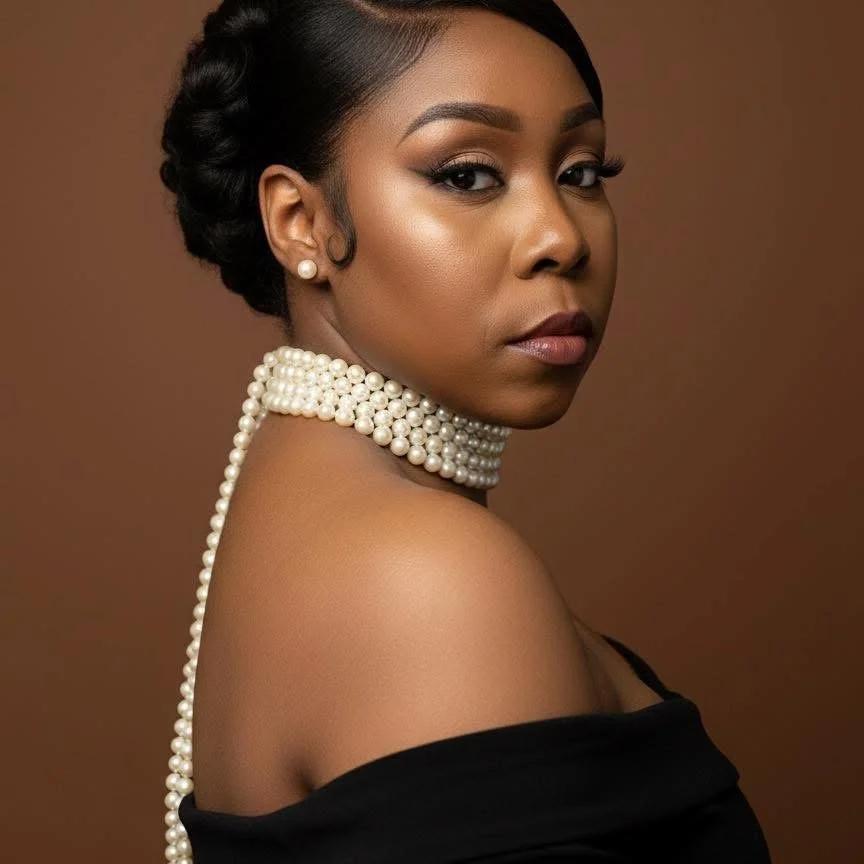 Close-up portrait of a woman with dark hair styled in an elegant updo, wearing pearl earrings and a multi-strand pearl choker, against a solid brown background. She has natural makeup with defined eyebrows and subtle lipstick, looking over her should