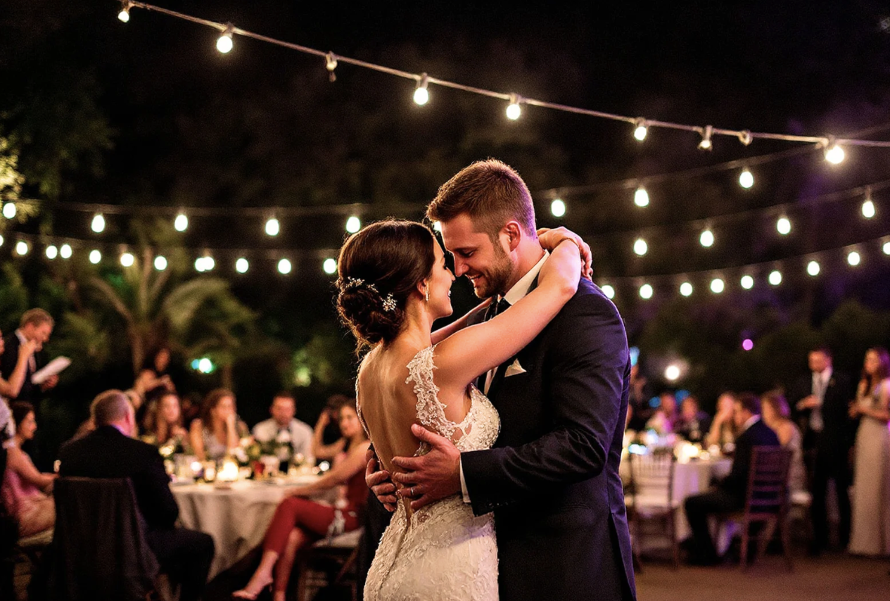 A bride and groom dancing closely at their wedding reception outdoor at night, decorated with string lights and surrounded by seated guests.