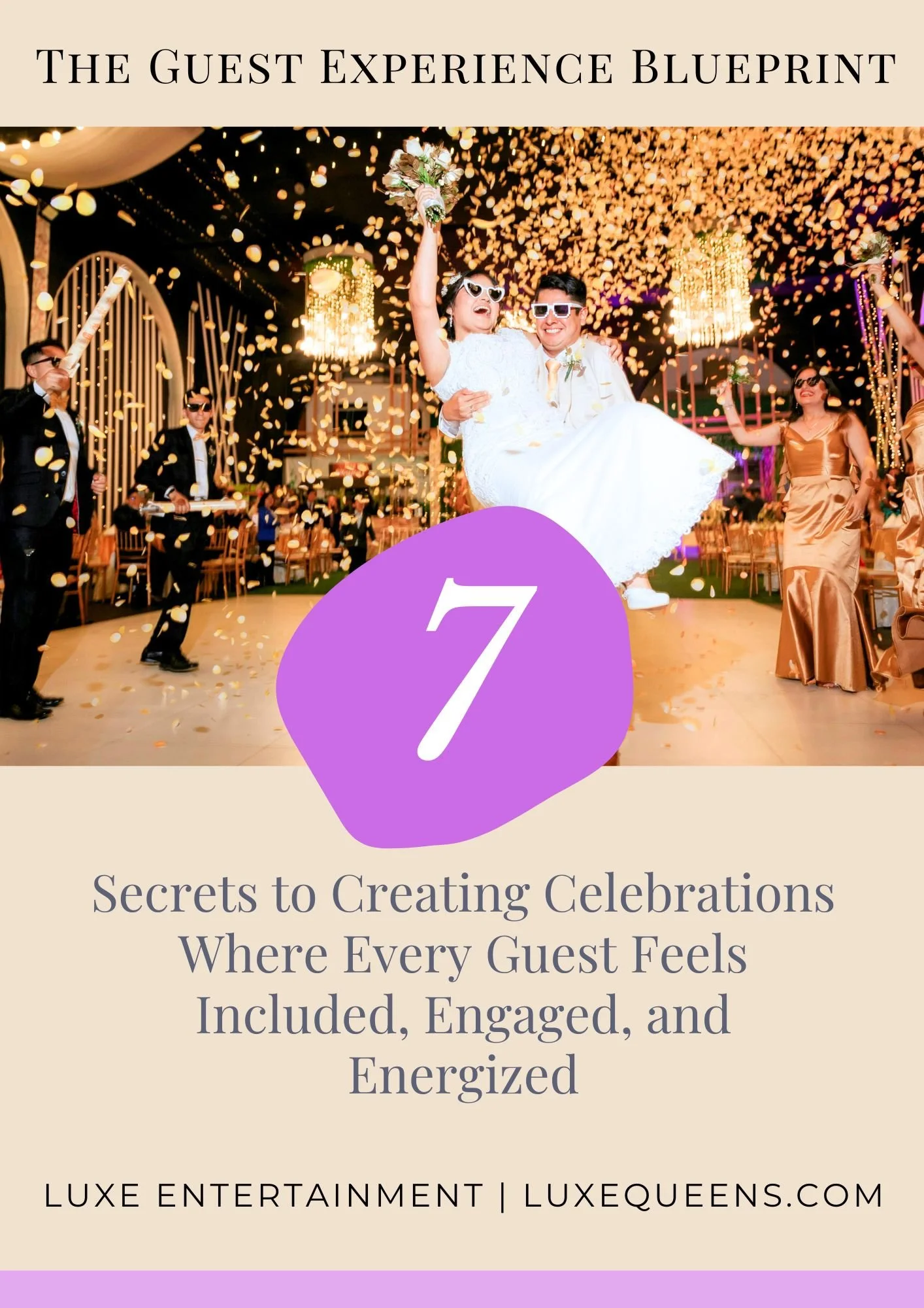 Cover of a guide titled 'The Guest Experience Blueprint' showing a bride and groom celebrating with friends at a wedding reception, with confetti and a decorated venue in the background, and a purple number 7 overlay.