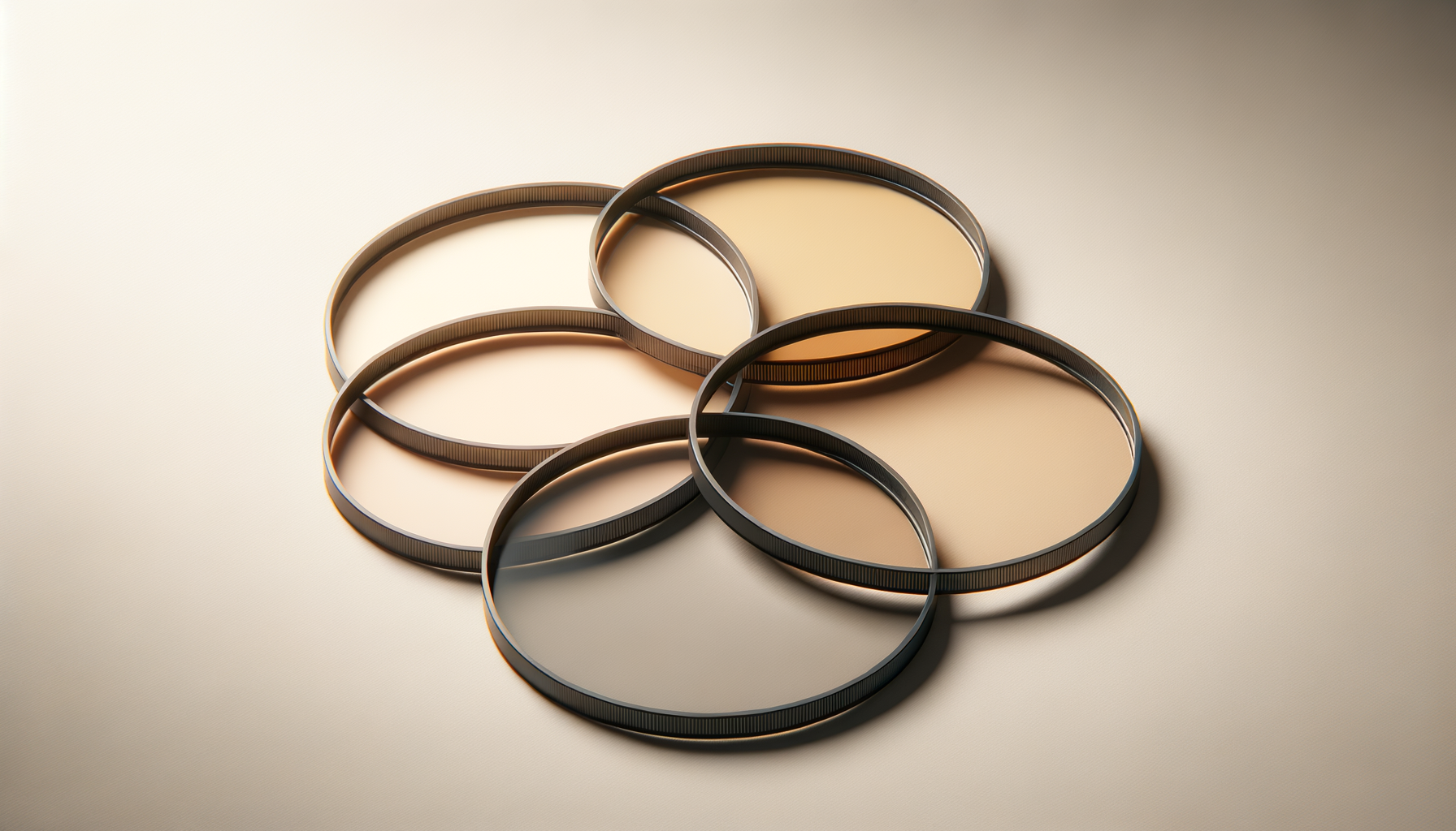 Cinq filtres d'optiques posées sur une surface claire.