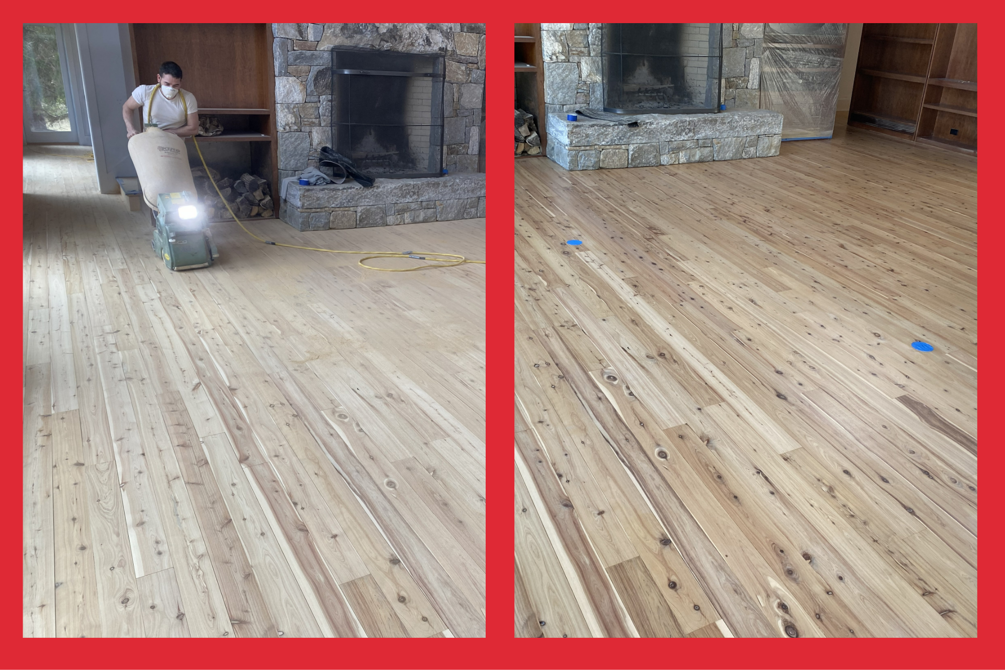 Comparison of a room with a wood floor before and after refinishing. The left side shows a worker in a white shirt and mask using equipment, while the right side shows a clean, shiny wooden floor with no furniture or tools.