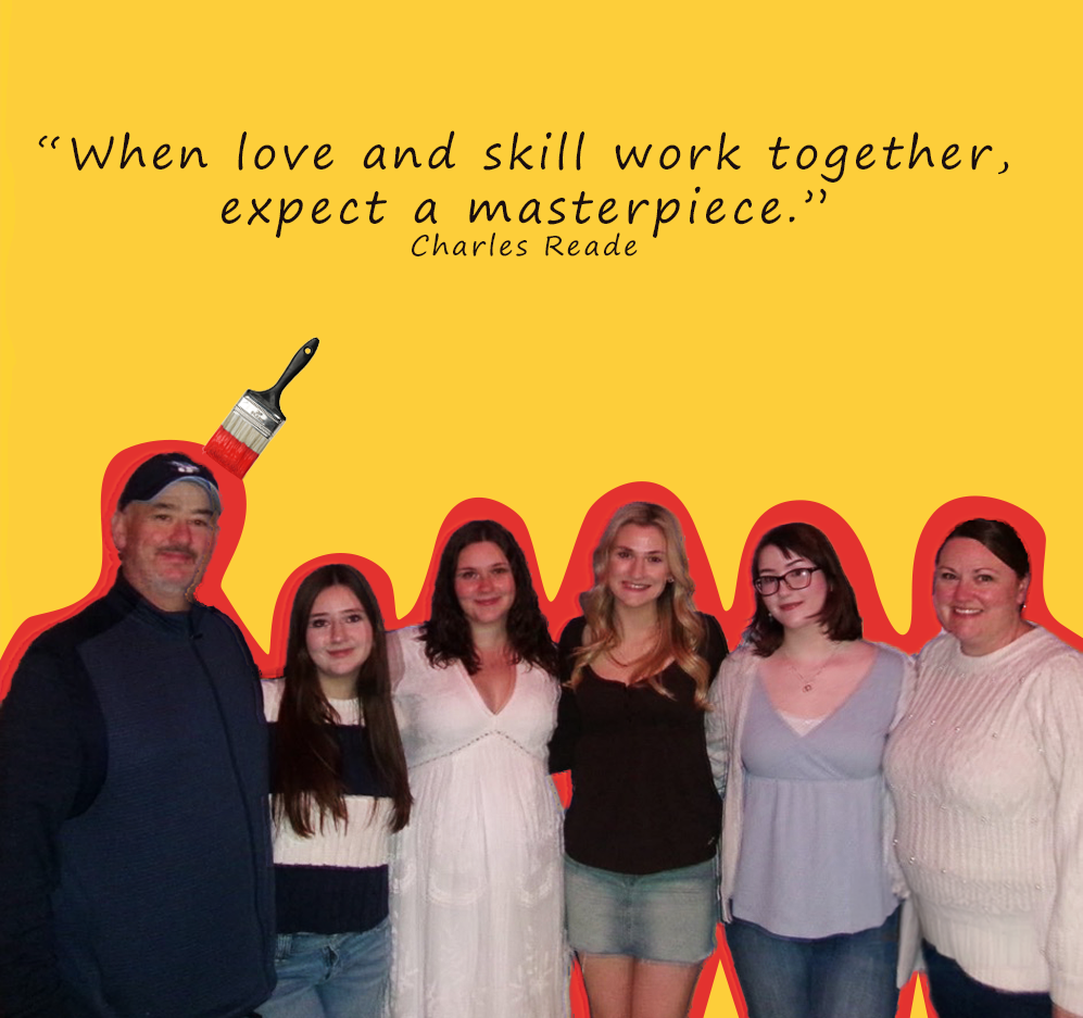 Group of six people standing together in front of a yellow background with quote and painting supplies above their heads. The quote reads, 'When love and skill work together, expect a masterpiece.' - Charles Reade.