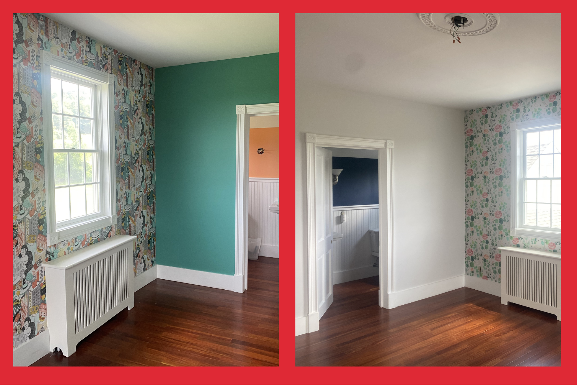 Interior of a room with wooden floors, white baseboards, and two windows. The left side has a patterned wallpaper with colorful illustrations and a teal wall, while the right side shows a plain white wall with floral wallpaper near the window. Both sides have radiator covers.