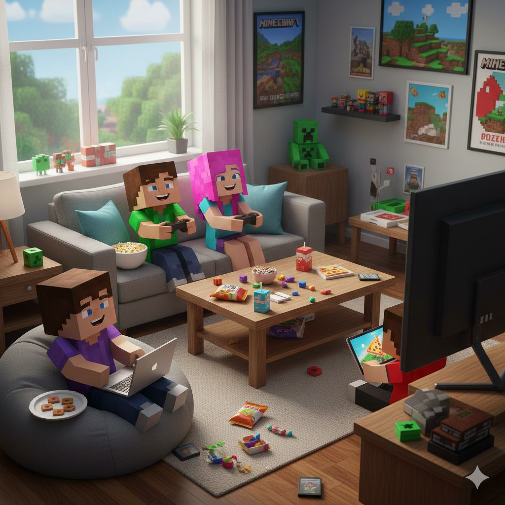 Pixar-style animated scene of children with Minecraft characters in a living room playing video games and snacking, with Minecraft posters and toys on the walls and shelves.