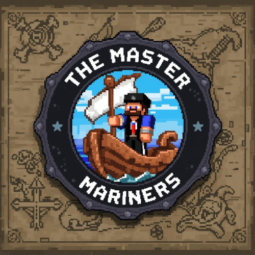 Pixel art depiction of a man in a sailor suit on a boat with an anchor, surrounded by the words 'The Master Mariners'.