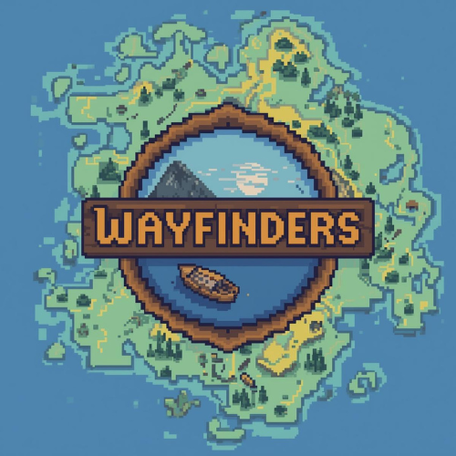 Pixel art map of a fictional island labeled 'Wayfinders' with a boat on a body of water and various land features.