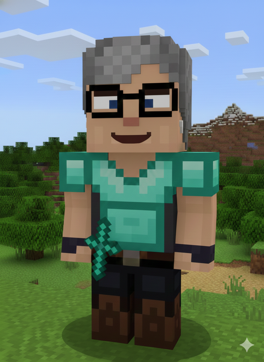 Minecraft-style pixelated character with gray hair, glasses, teal shirt, black pants, holding a teal sword, standing in a blocky grassy landscape with trees, mountains, and clouds in the background.