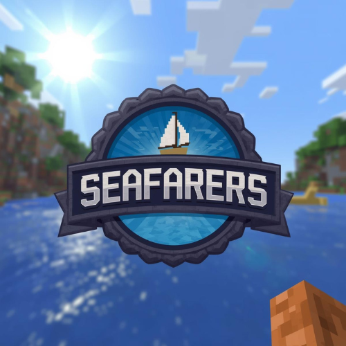 Minecraft-style logo for Seafarers with a sailboat and ocean background