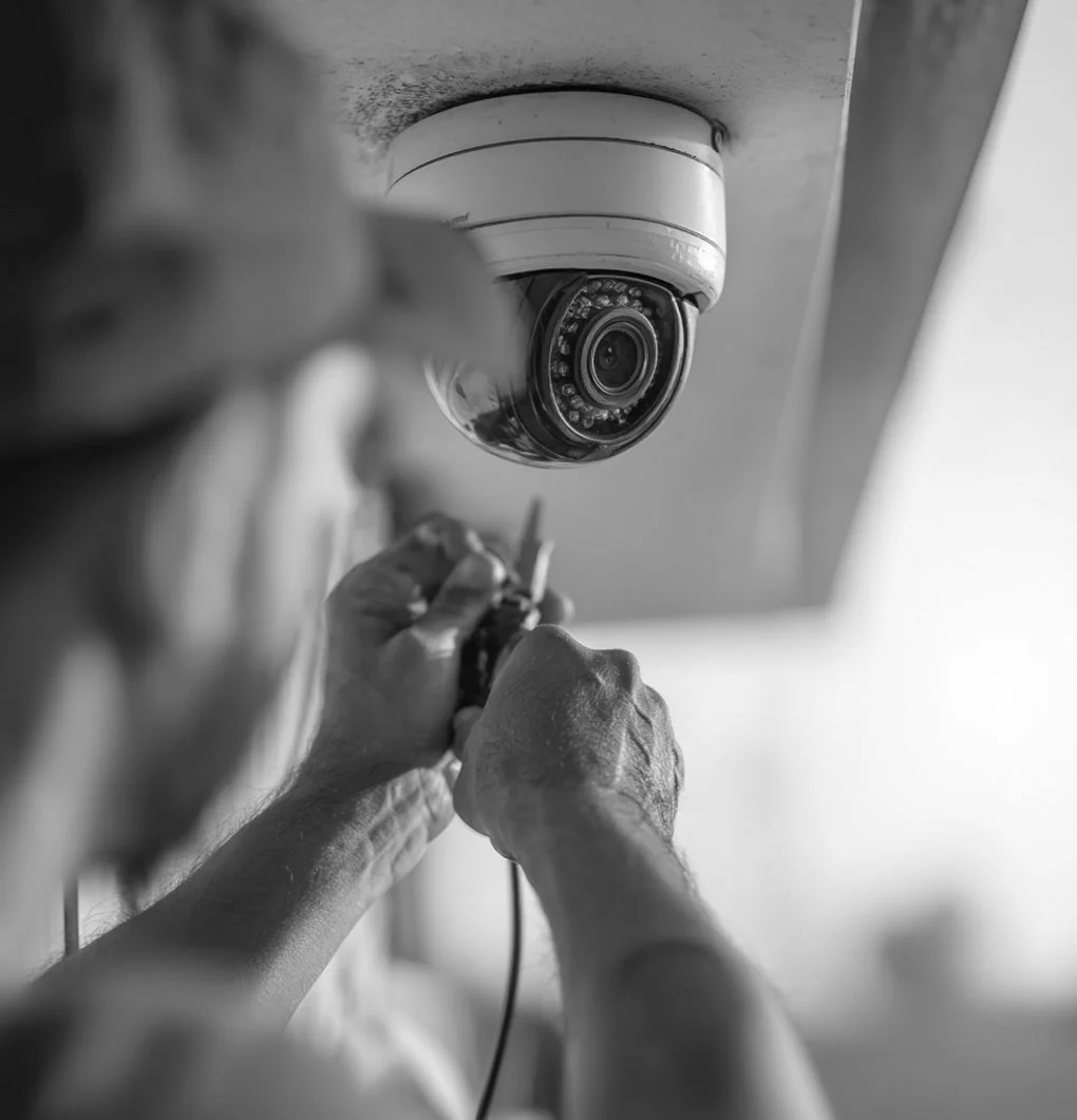 A security camera mounted on a ceiling and a person's hand working with a tool near the camera.