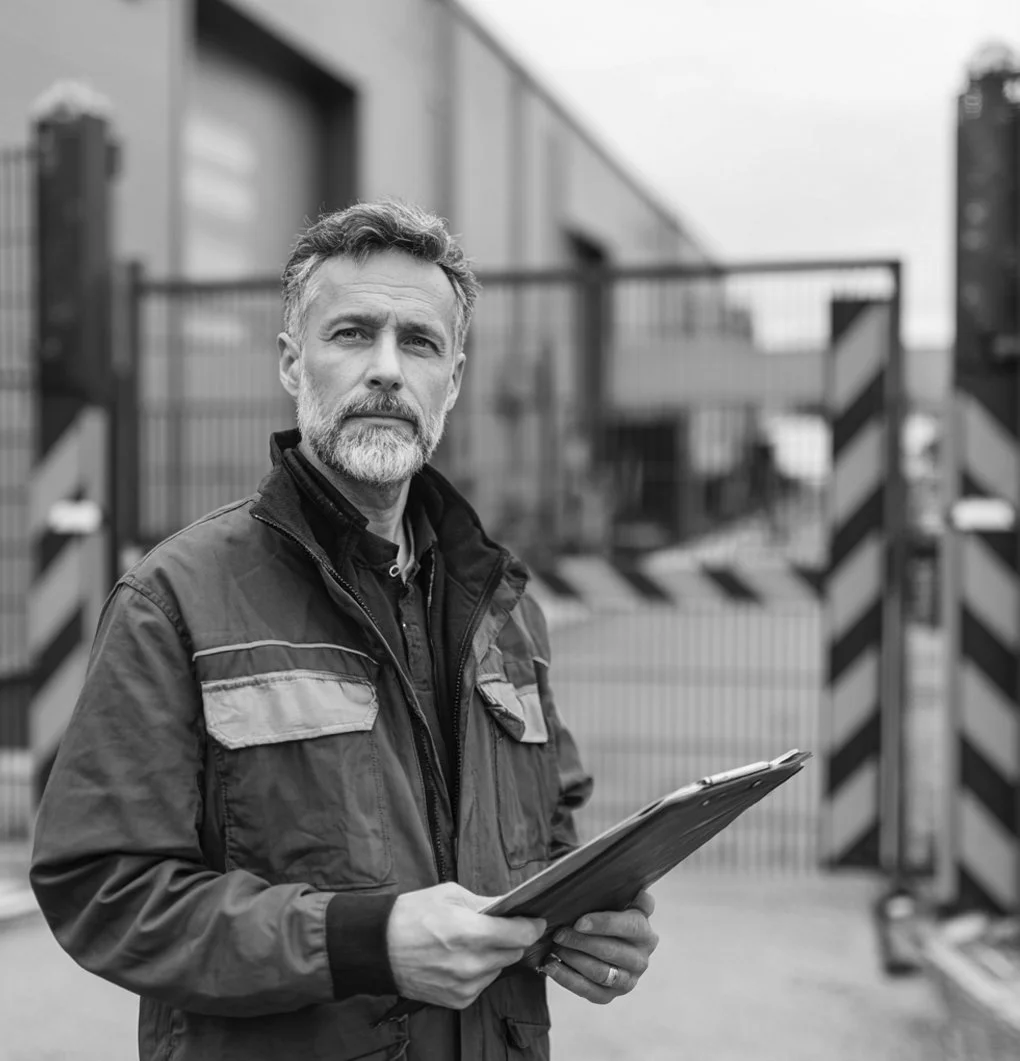 A middle-aged man with gray hair and beard standing outside near a security gate, holding a clipboard and looking into the distance.