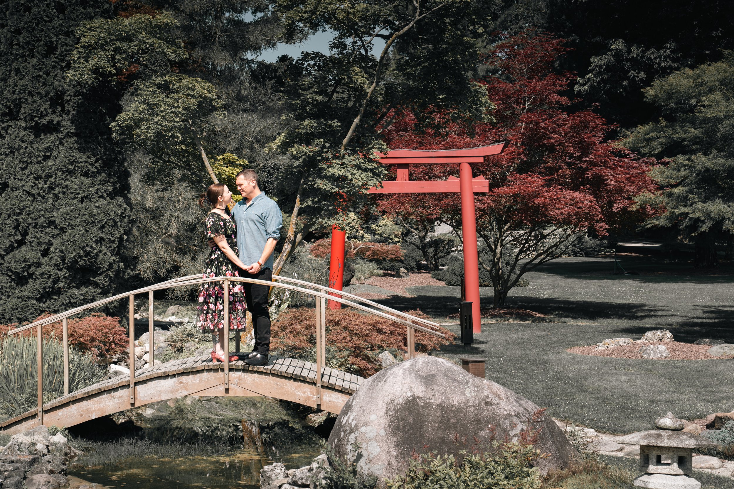 A couple stands on a wooden bridge in a Japanese garden, holding hands and looking at each other, surrounded by lush trees and a large red torii gate in the background.