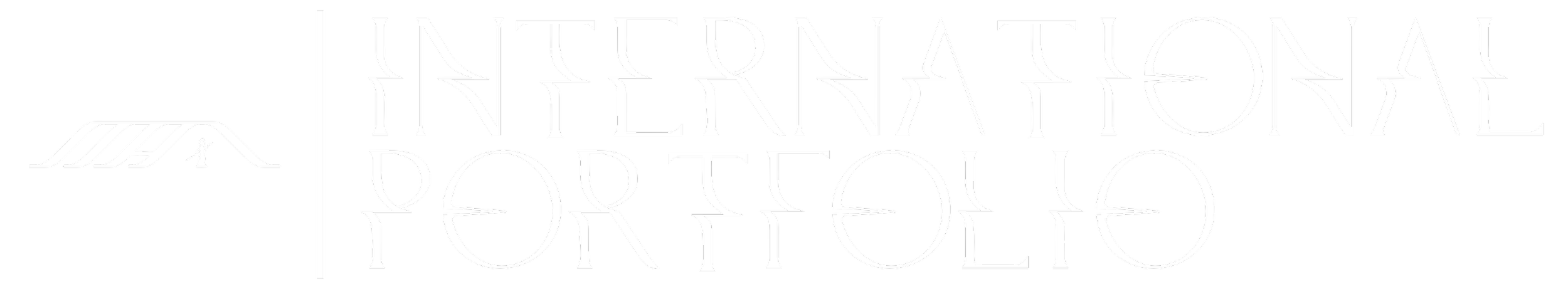 Logo for the International Portfolio with a black background, stylized white text, and a small icon of a bridge or structure with a person walking on it.