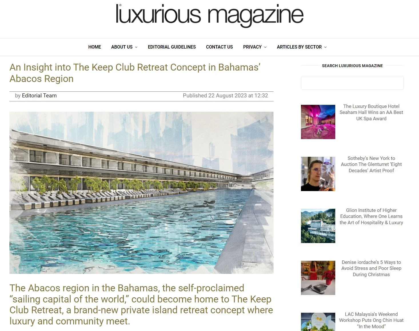 A watercolor illustration of a luxury resort with a long swimming pool, modern building with large glass windows, and a landscaped deck area with lounge chairs and greenery.