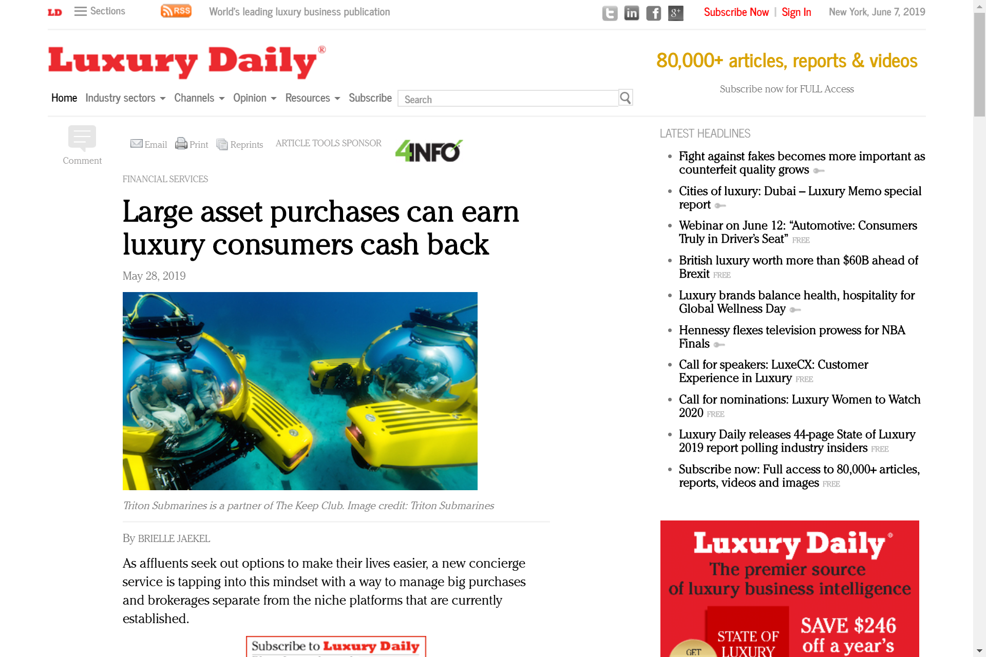 A screenshot of a news article from Luxury Daily website, dated June 7, 2019, titled "Large asset purchases can earn luxury consumers cash back." The article features an image of yellow submersibles underwater, with a caption noting Triton Submarines as a partner of The Keep Club.