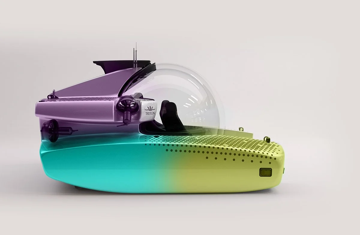A colorful, futuristic-looking boat with a transparent dome, purple and green sections, and a sleek modern design.