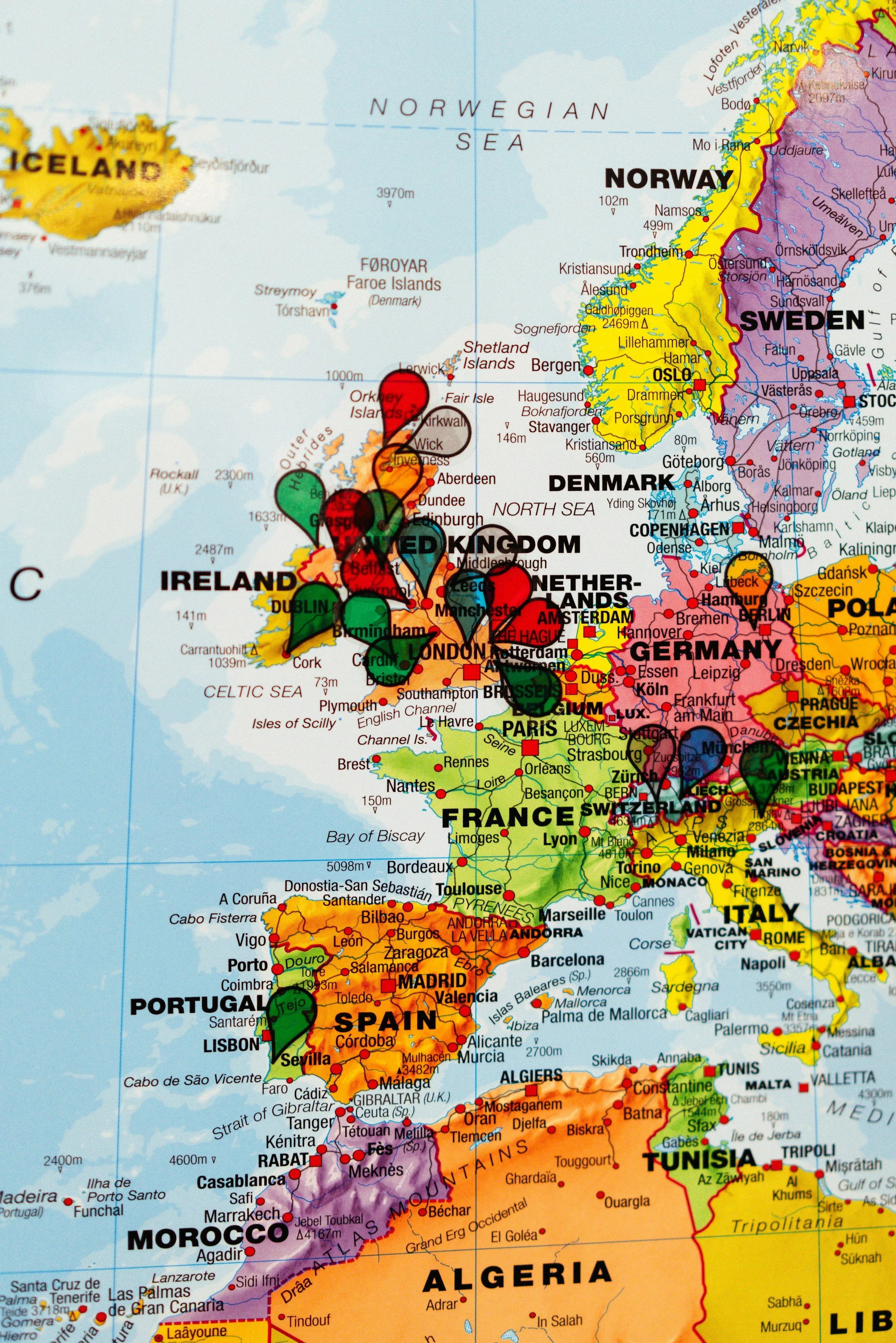 A map of Europe showing countries, cities, and geographical features with colored markers, borders, and labels.