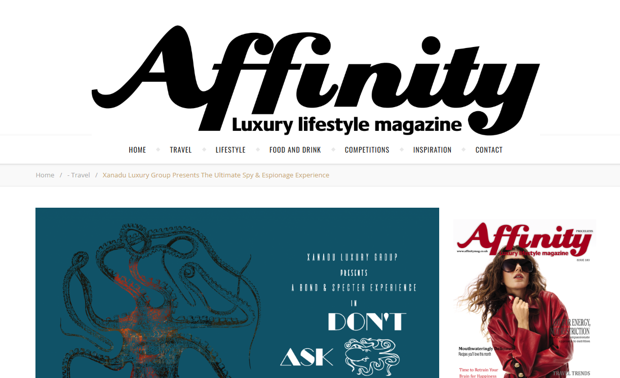 Cover of Affinity luxury lifestyle magazine featuring a woman in sunglasses and a red leather jacket.