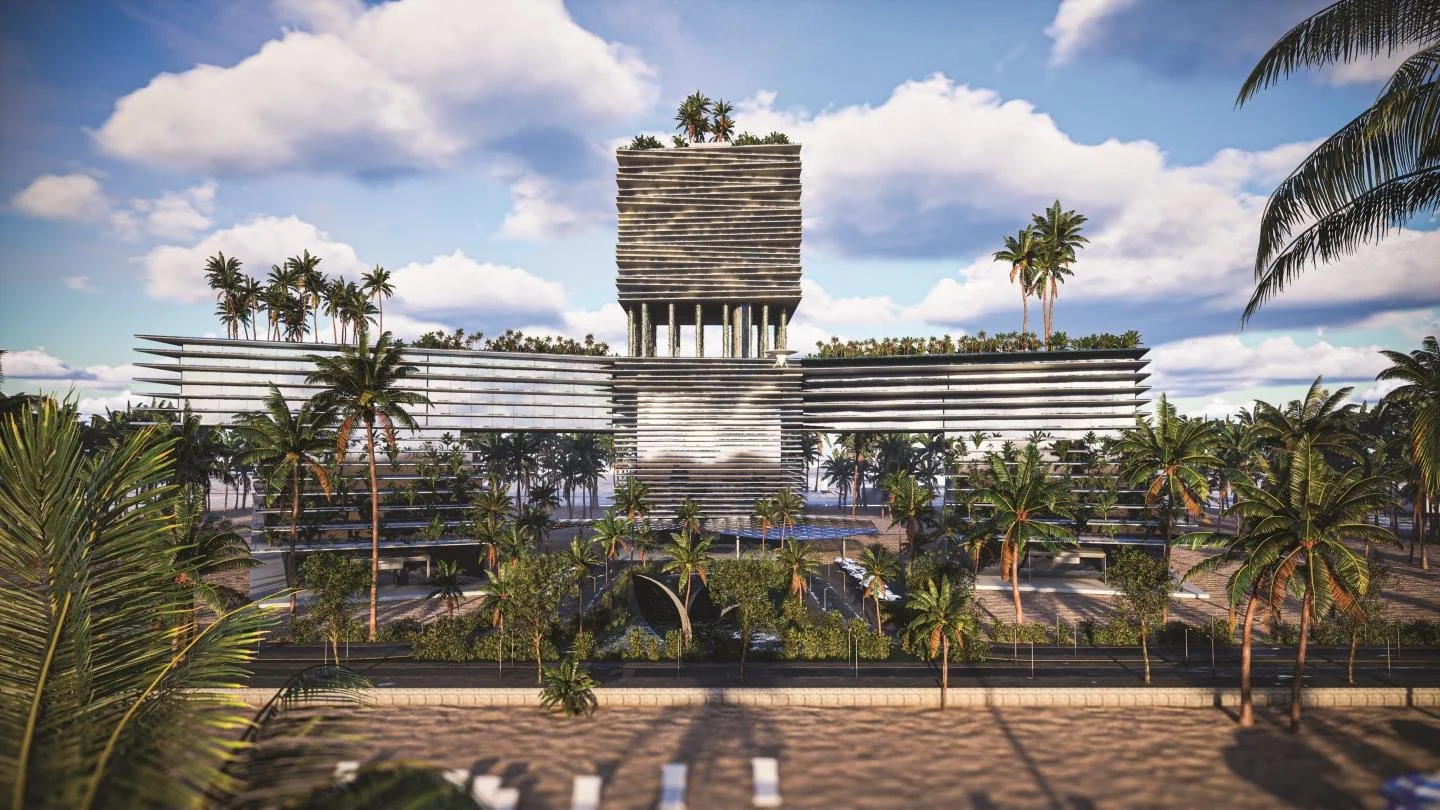 A futuristic building surrounded by palm trees and lush greenery, with a blue sky and clouds in the background.
