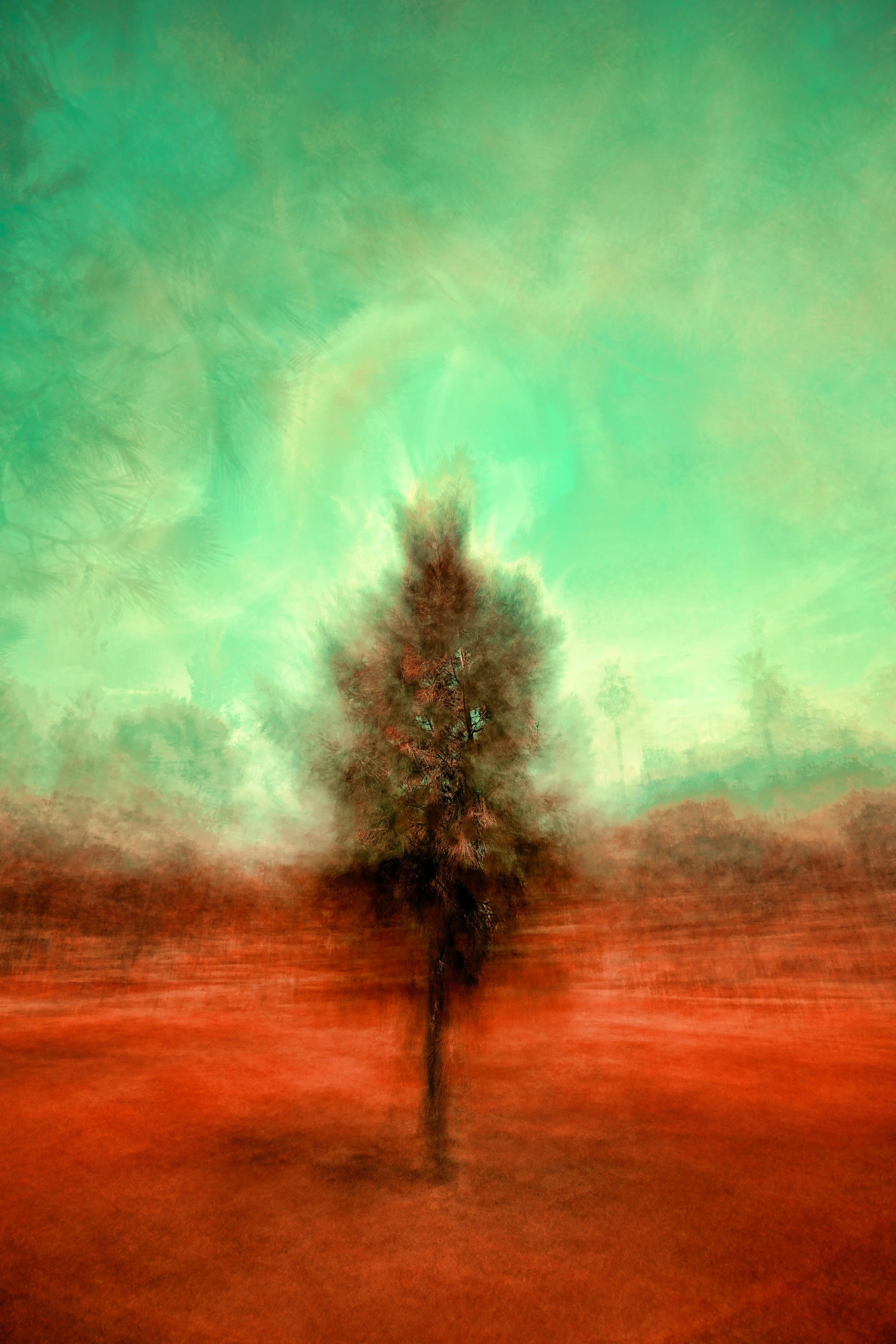 A digitally manipulated image of a lone tree standing on a reddish-brown landscape with a surreal green sky in the background.