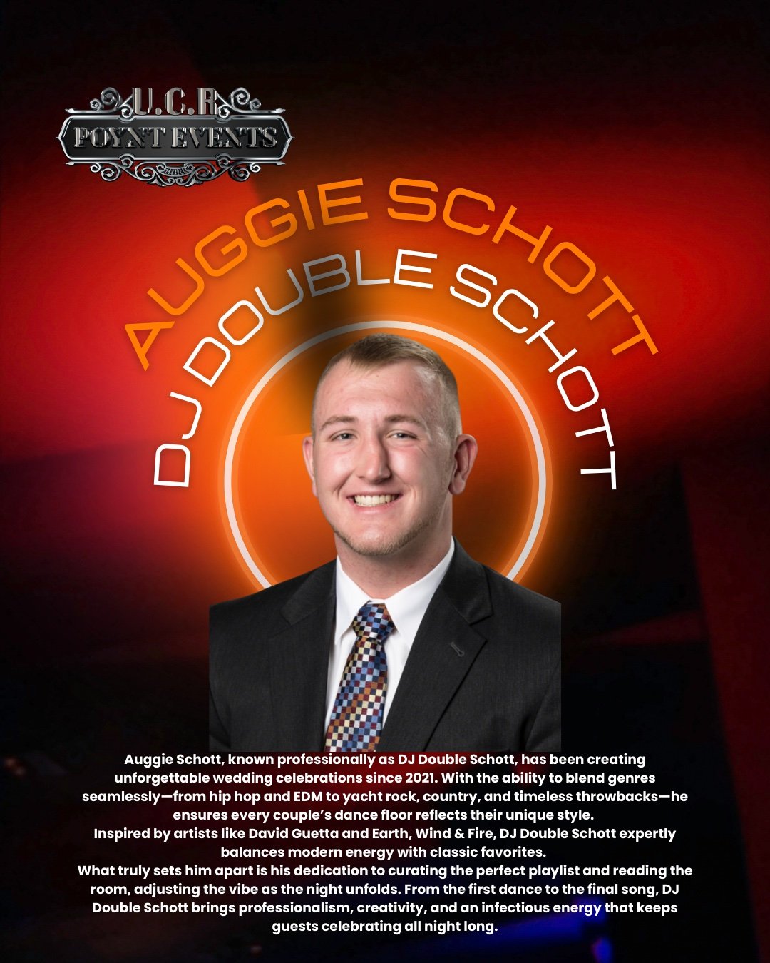 Promotional poster for DJ Double Schott, featuring a portrait of Auggie Schott in a suit and tie, with a background of red and black gradient and neon-style text that reads "AUGGIE SCHOTT DJ DOUBLE SCHOTT."