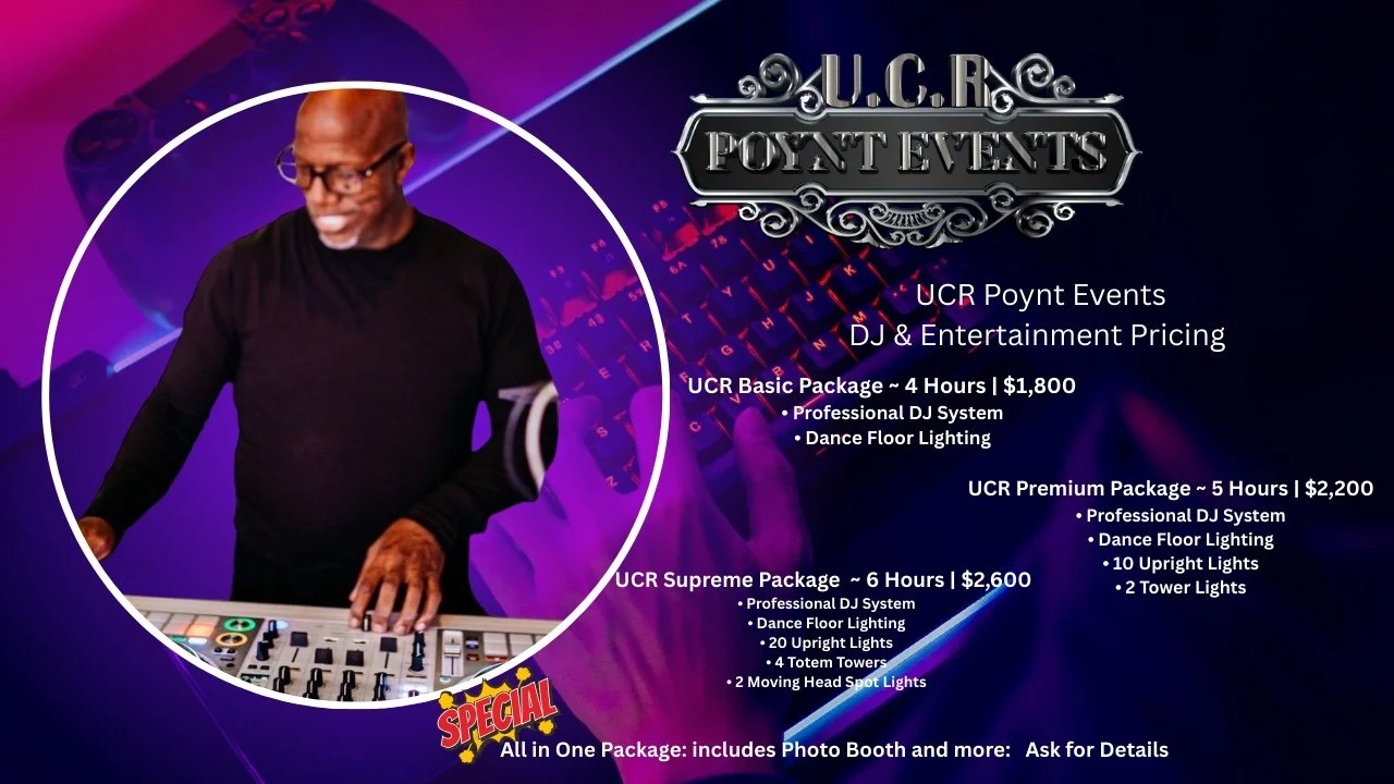 Advertisement for U.C.R. Poynt Events, featuring DJ and entertainment packages with options for basic, premium, and supreme packages, each with different hours, lights, and equipment. Includes a photograph of a DJ wearing glasses and a black shirt, operating DJ equipment.